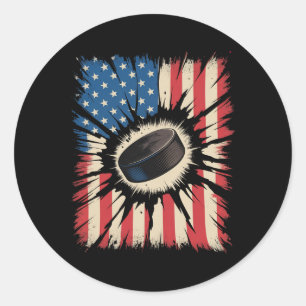 Patriotic Hockey 4th Of July Vintage American Flag Classic Round Sticker