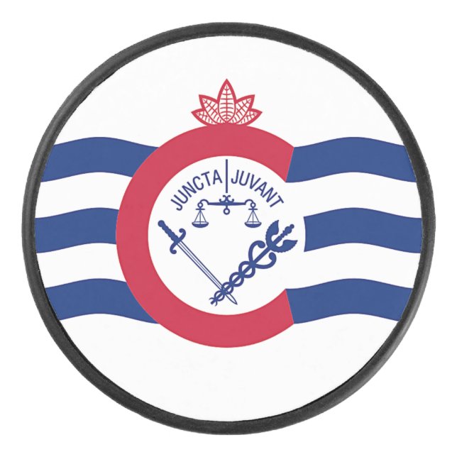 Patriotic hockey puck with flag of Cincinnati. (Front)