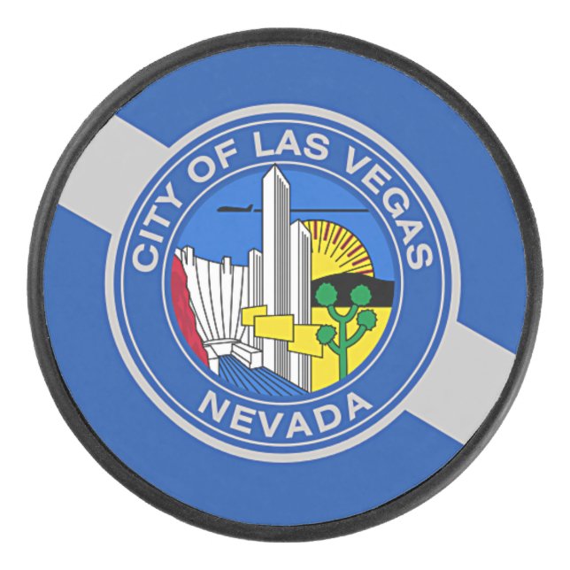 Patriotic hockey puck with flag of Las Vegas. (Front)