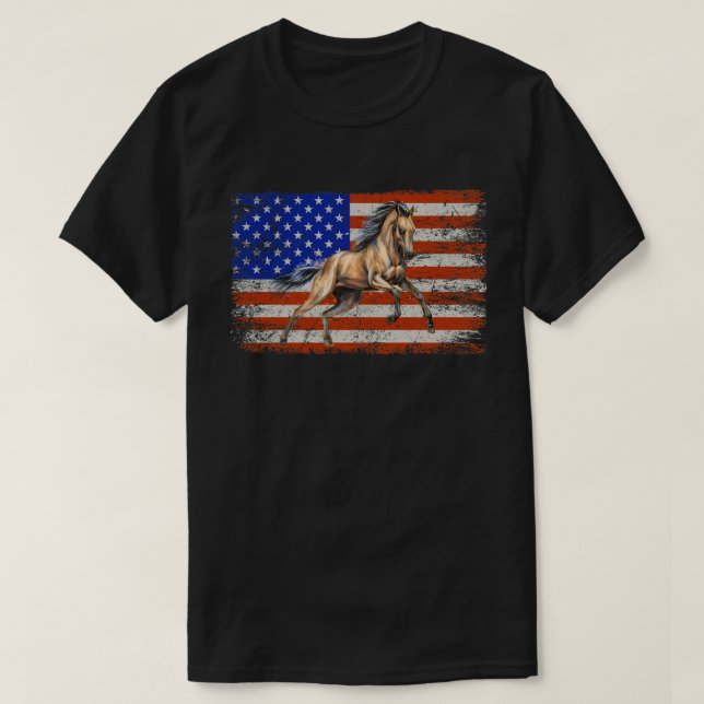 Patriotic Horse American Flag Horseback Riding Far T-Shirt (Design Front)