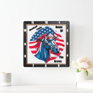 Patriotic Horse Family American Flag  Square Wall Clock