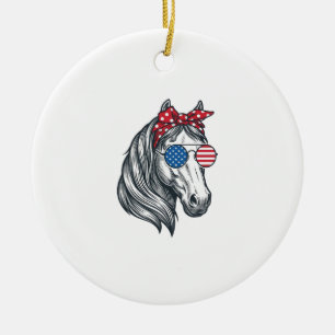 Patriotic Horse With Flag Sunglasses Vintage Vecto Ceramic Ornament