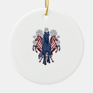 Patriotic Horses Vintage Fireworks Vector Design Ceramic Ornament