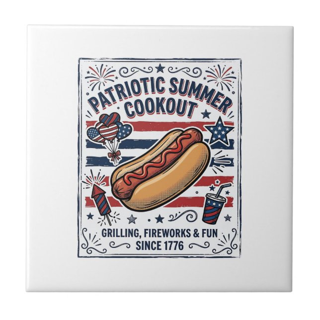 Patriotic Hot Dog Vintage Cookout Tile (Front)