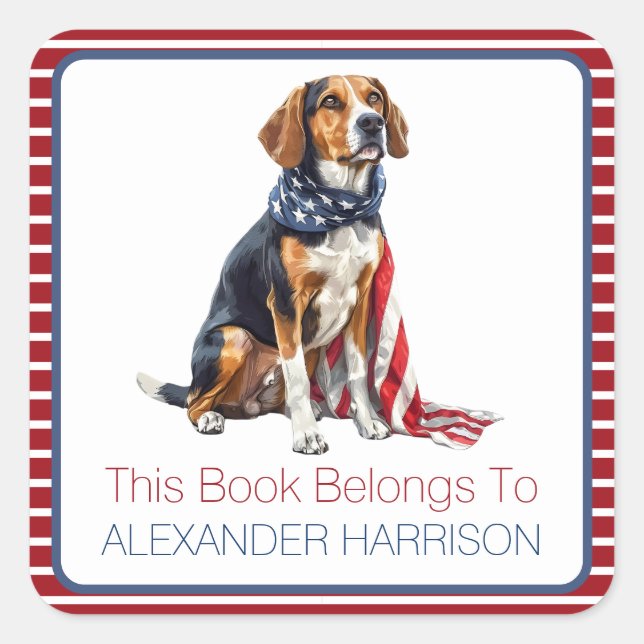 Patriotic Hound Dog Personalized Bookplate Square Sticker (Front)