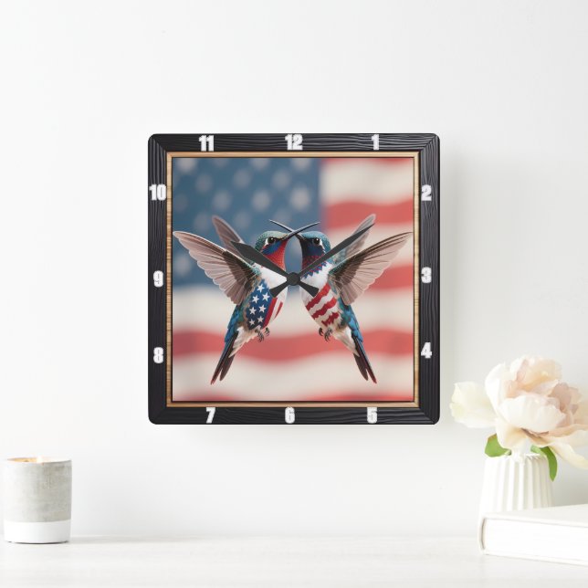 Patriotic Hummingbirds American Flag Square Wall Clock (Home)