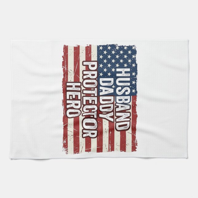 Patriotic Husband Daddy Protector Hero Flag Shirt  Kitchen Towel (Horizontal)