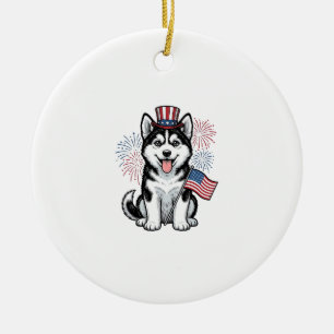 Patriotic Husky Puppy Vintage Engraving Shirt Desi Ceramic Ornament