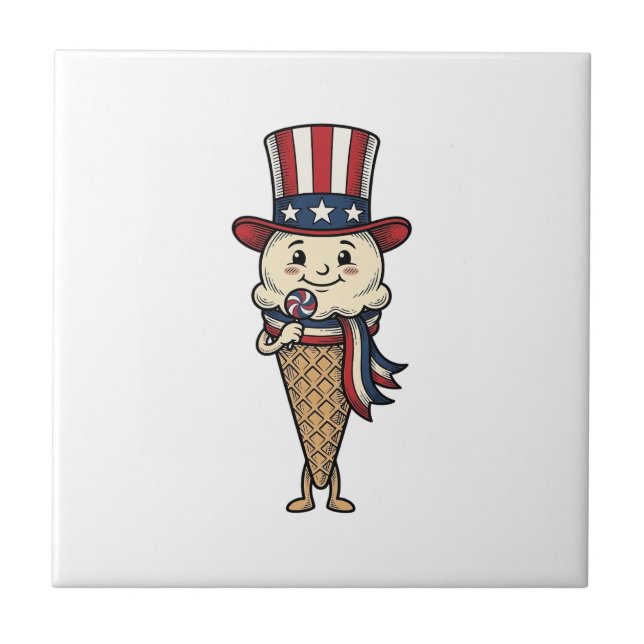 Patriotic Ice Cream Cone Vintage Engraving Design_ Tile (Front)