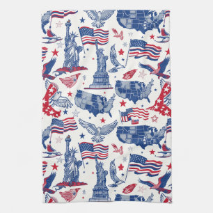 Patriotic Icons Pattern – Statue of Liberty, Flag Kitchen Towel