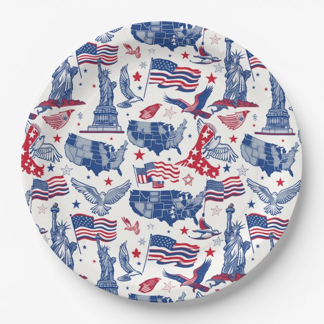 Patriotic Icons Pattern – Statue of Liberty, Flag Paper Plate (Front)