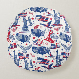 Patriotic Icons Pattern – Statue of Liberty, Flag Round Pillow