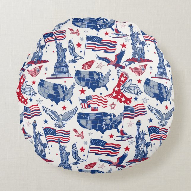 Patriotic Icons Pattern – Statue of Liberty, Flag Round Pillow (Front)