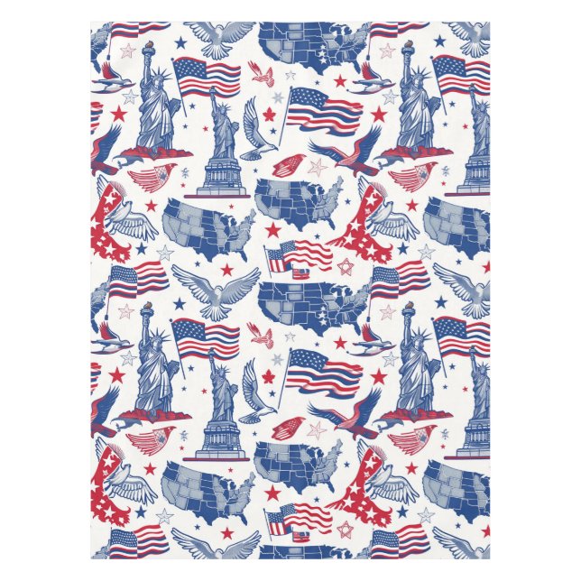 Patriotic Icons Pattern – Statue of Liberty, Flag Tablecloth (Front)