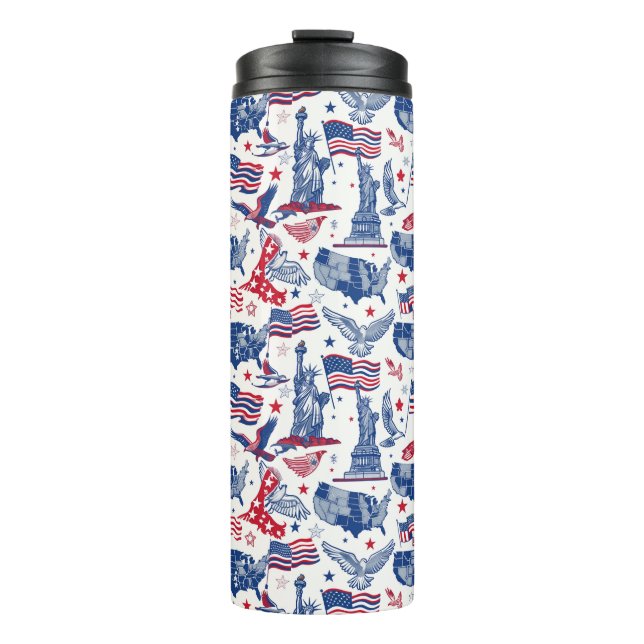 Patriotic Icons Pattern – Statue of Liberty, Flag Thermal Tumbler (Front)