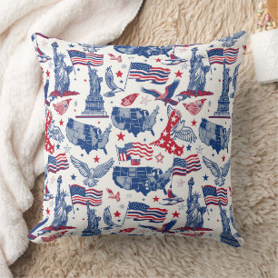 Patriotic Icons Pattern – Statue of Liberty, Flag Throw Pillow