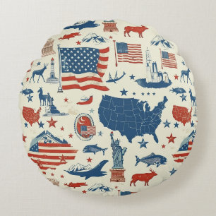 Patriotic Icons - Statue of Liberty, Flag (3) Round Pillow