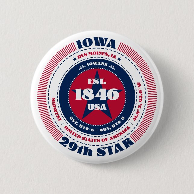 Patriotic Iowa Circle with State Details 2 Inch Round Button (Front)