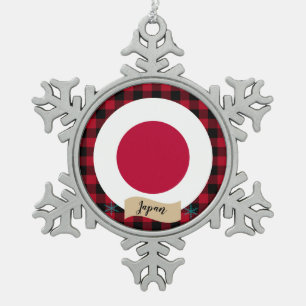 Patriotic Japan, Red buffalo plaid, Japanese Flag Snowflake Pewter Christmas Ornament