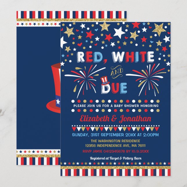 Patriotic July 4th Baby Shower Red White Due Invitation (Front/Back)