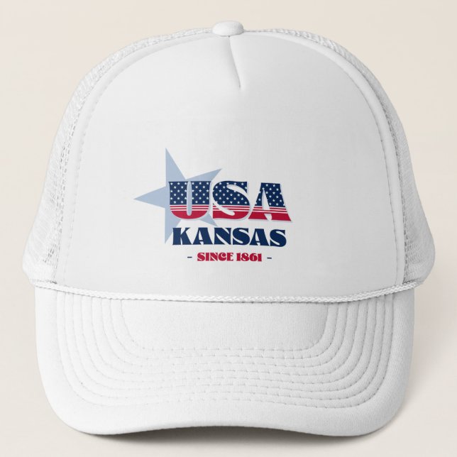 Patriotic Kansas Typography Trucker Hat (Front)