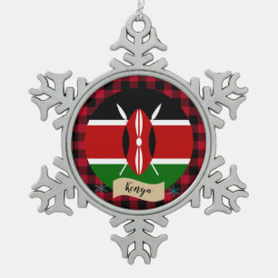 Patriotic Kenya, Red buffalo plaid, Kenyan Flag Snowflake Pewter Christmas Ornament