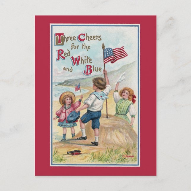 Patriotic Kids at the Beach with Flags Postcard (Front)