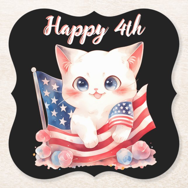 Patriotic Kitten 4th of July Happy 4th Custom Paper Coaster (Front)