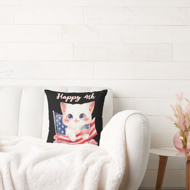 Patriotic Kitten 4th of July Happy 4th Custom Throw Pillow (Couch)