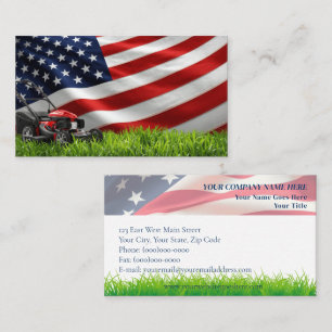 Patriotic Lawn Care – American Flag & Grass Mower  Business Card