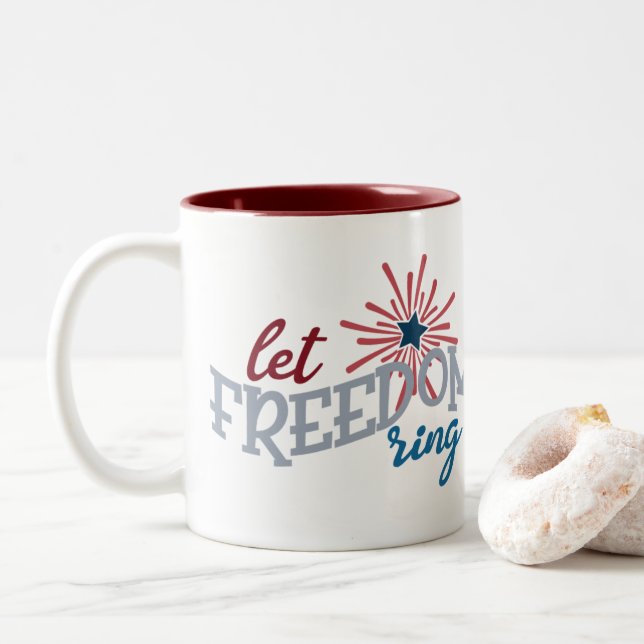 Patriotic let Freedom Ring add monogram Two-Tone Coffee Mug (With Donut)