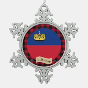 Patriotic Liechtenstein Flag, red buffalo plaid Snowflake Pewter Christmas Ornament