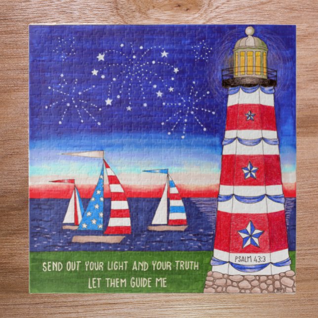Patriotic Lighthouse and Sailboats Inspirational Jigsaw Puzzle (Creator Uploaded)