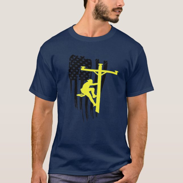 Patriotic Lineman American Flag Electric Cable Lin T-Shirt (Front)