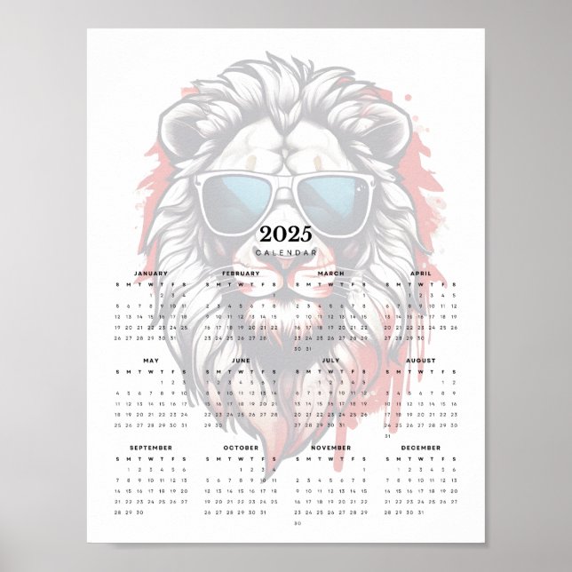 Patriotic Lion Red White and Blue 2025 Calendar Poster (Front)