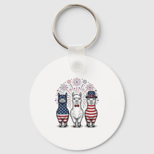 Patriotic Llama Fireworks Vintage Vector Shirt_1 Keychain