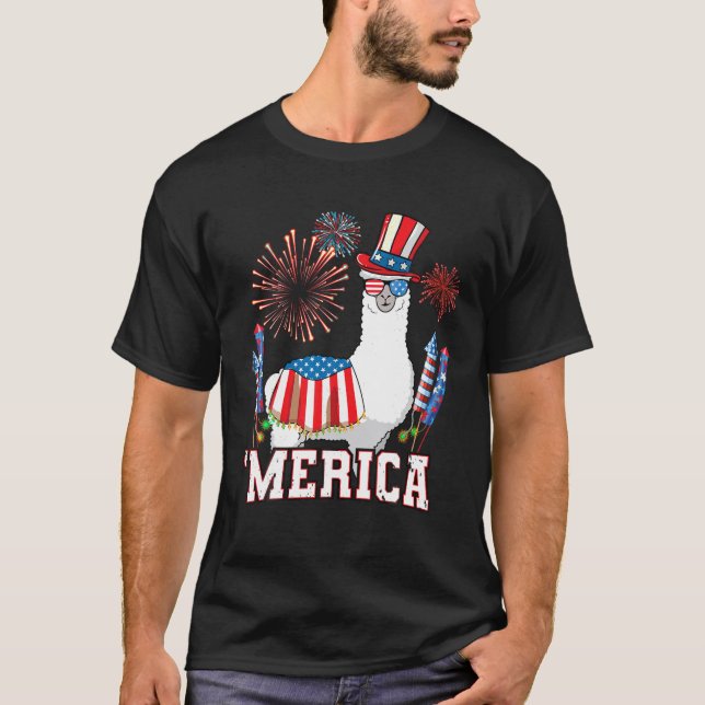 Patriotic Llama Merica Funny 4th of July Fireworks T-Shirt (Front)