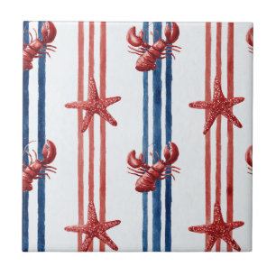 Patriotic Lobster Red White Blue Stars (5) Tile