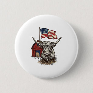 Patriotic Longhorn Cow and Red Barn Vector Design_ 2 Inch Round Button