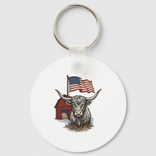 Patriotic Longhorn Cow and Red Barn Vector Design_ Keychain