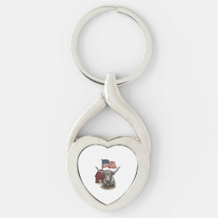Patriotic Longhorn Cow and Red Barn Vector Design_ Keychain