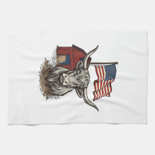 Patriotic Longhorn Cow and Red Barn Vector Design_ Kitchen Towel