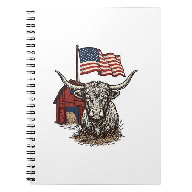 Patriotic Longhorn Cow and Red Barn Vector Design_ Notebook (Front)