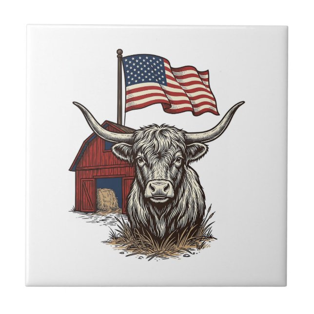 Patriotic Longhorn Cow and Red Barn Vector Design_ Tile (Front)