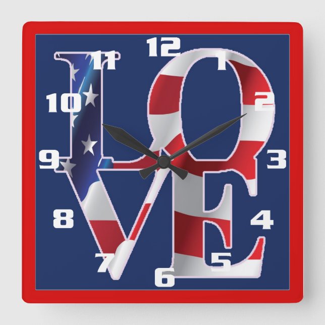 Patriotic Love American Flag Square Wall Clock (Front)