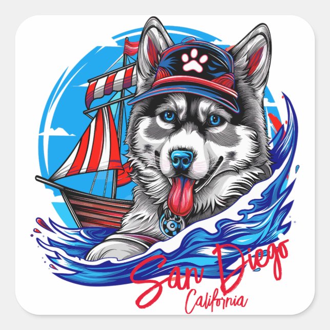 Patriotic Maritime Husky Malamute Dog, San Diego Square Sticker (Front)