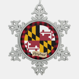 Patriotic Maryland, buffalo plaid, Maryland Flag  Snowflake Pewter Christmas Ornament
