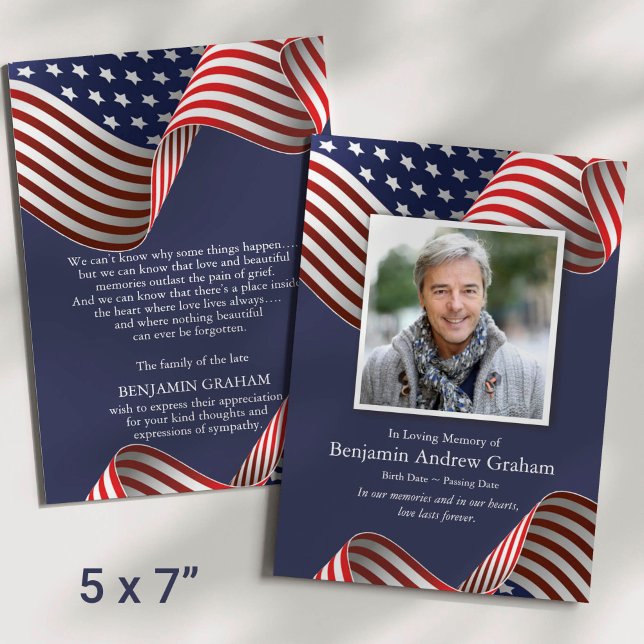 Patriotic Memorial Veteran American Flag Funeral Invitation (Patriotic USA Flag Photo Sympathy Veteran Funeral Thank You Card)