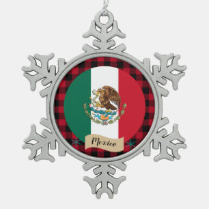 Patriotic Mexico, Red buffalo plaid, Mexican Flag Snowflake Pewter Christmas Ornament