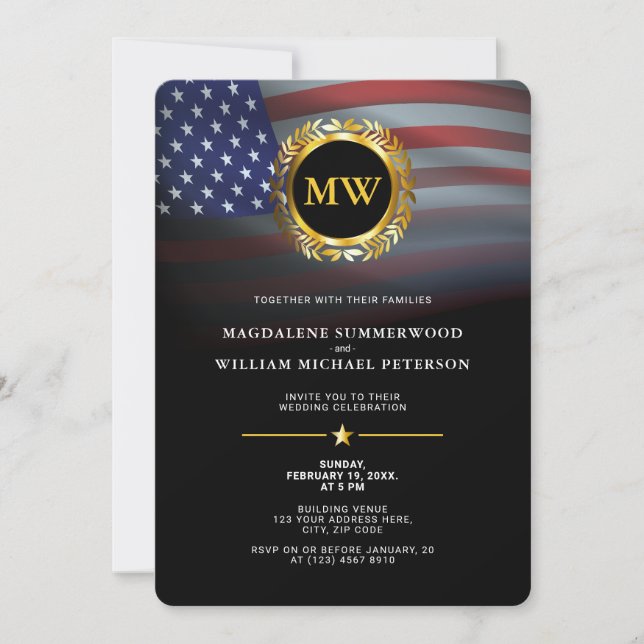 Patriotic Military American Flag & Gold Initial Invitation (Front)